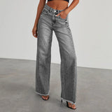 Mona | Stylowe szare jeansy damskie wide leg z nieobszytym dołem