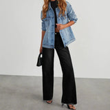 Mona | Stylowe szare jeansy damskie wide leg z nieobszytym dołem